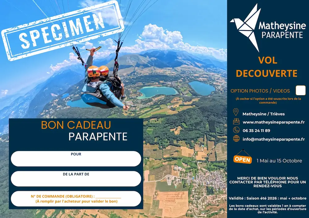 Bon Cadeau Parapente Découverte Isère 2026 - Matheysine Parapent